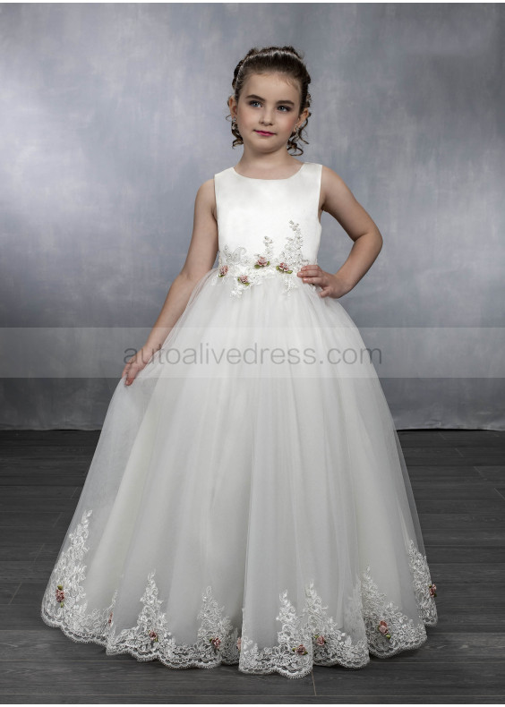 Ivory Satin Tulle Eyelash Lace Trim Flower Girl Dress With Decorated Buttons